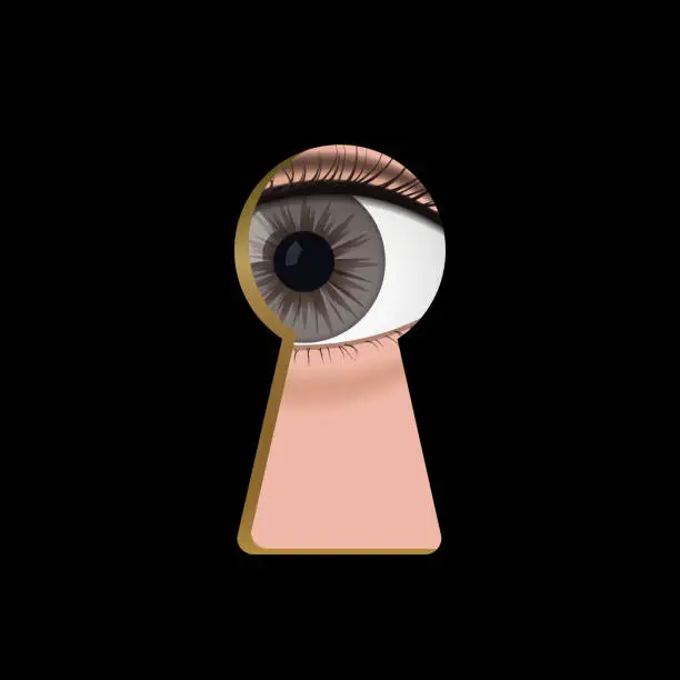 Vector illustration of Brown eyes in the keyhole.