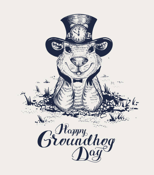 Happy Groundhog Day lettering text for greeting card. Funny marmot in hat gets out of hole and looks forward Happy Groundhog Day lettering text for greeting card. Funny marmot in hat gets out of hole and looks forward. Black and white vector retro illustration groundhog stock illustrations