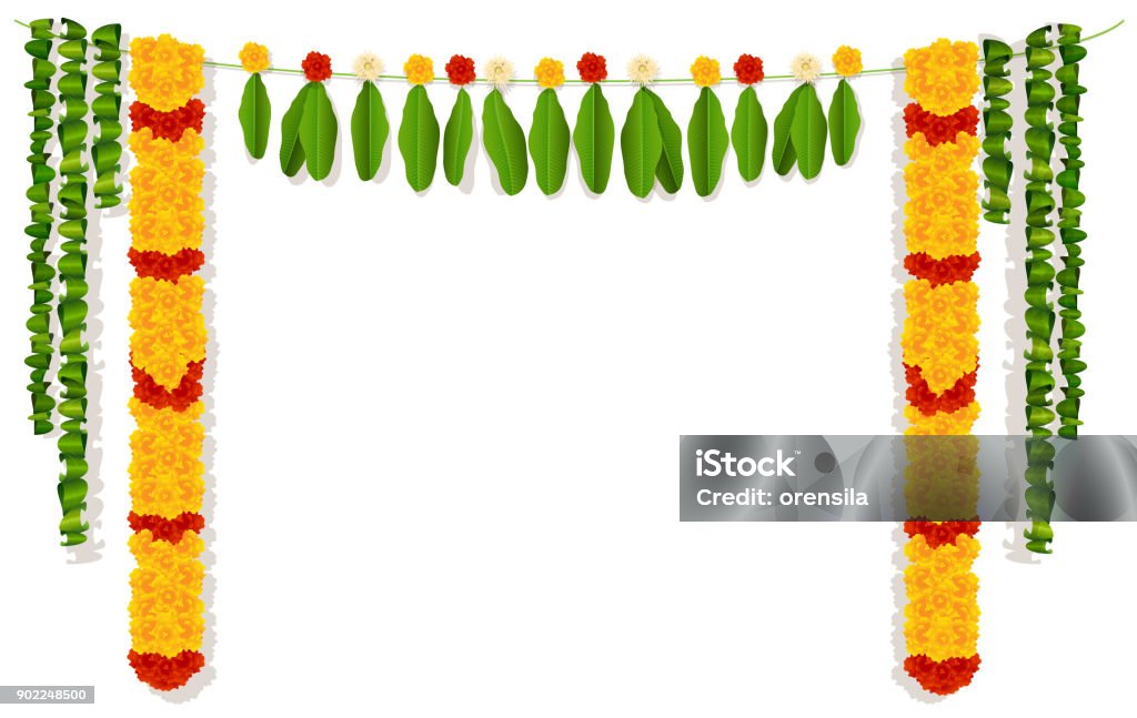 Indian garland of flowers and leaves. Religion festive holiday decoration Indian garland of flowers and leaves. Religion festive holiday decoration. Vector illustration isolated on white Marigold stock vector