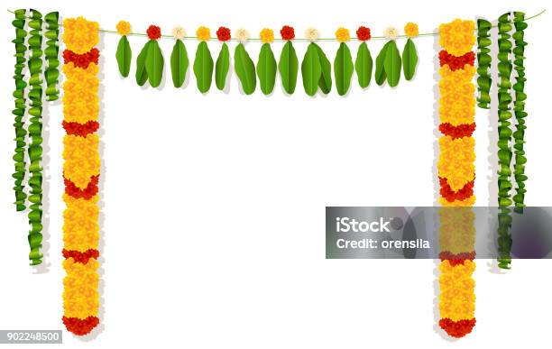 Indian Garland Of Flowers And Leaves Religion Festive Holiday Decoration Stock Illustration - Download Image Now