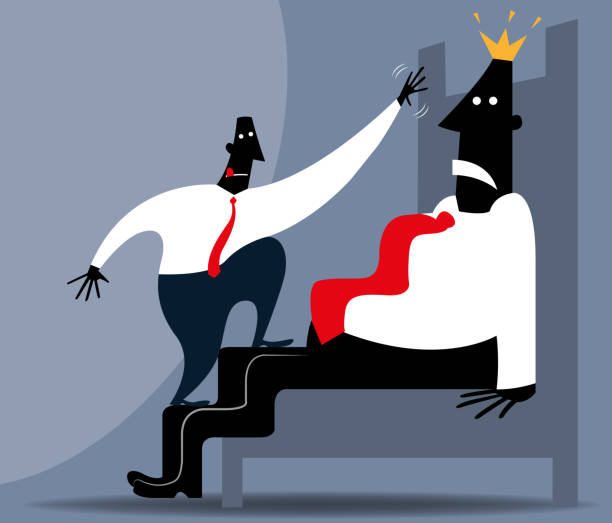 Give me that crown! A man climbing on a king to get his crown. impeachment stock illustrations