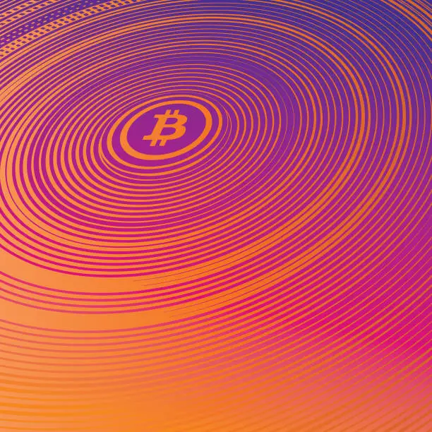 Vector illustration of Colorful engraving of Bitcoin background with concentric stripes halftone pattern