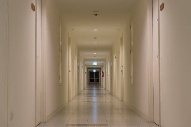 istock Walkway without people inside living apartment and fire escape sign 902255178