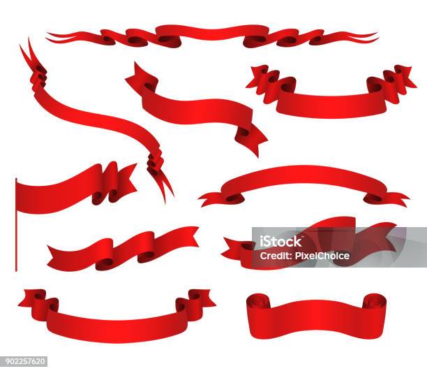 Vector Set Of Red Ribbons Stock Illustration - Download Image Now - Wrapping Paper, Award Ribbon, Banner - Sign