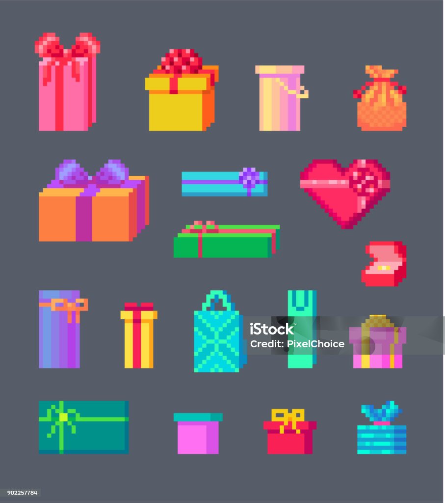 Set of pixel art gift boxes Set of pixel art gift boxes in different colors and forms. Pixelated stock vector