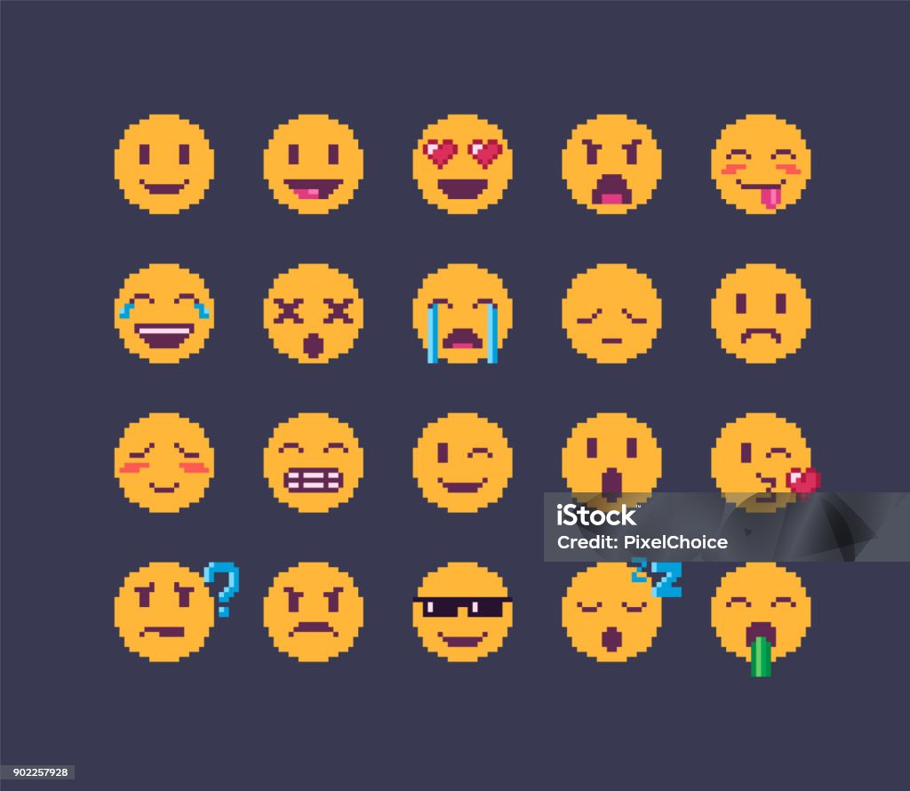 Pixel art emoji icon set Pixel art emoji icon set. Funny flat style emoticon. Pixelated stock vector