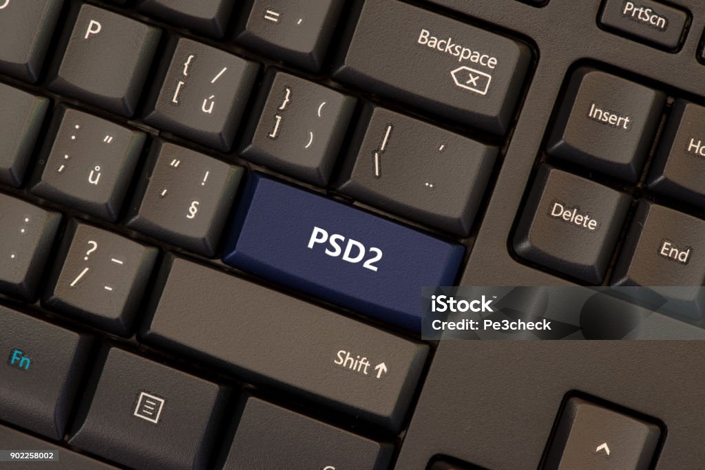 Payment Services Directive 2 (PSD2) Payment Services Directive 2 (PSD2) on keyboard button Authority Stock Photo