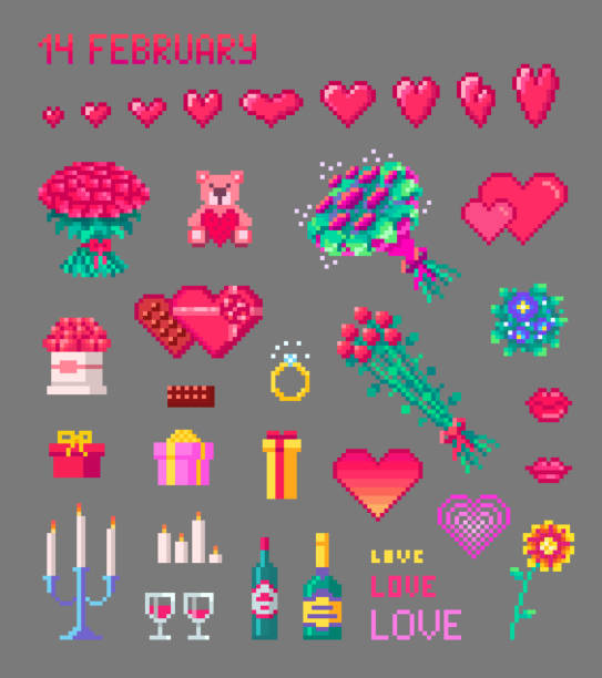 набор симпатичных иконок искусства пикселей валентина - champagne pink bottle isolated stock illustrations