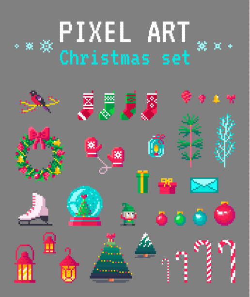 illustrazioni stock, clip art, cartoni animati e icone di tendenza di carino pixel art christmas set per il design - pianta nana