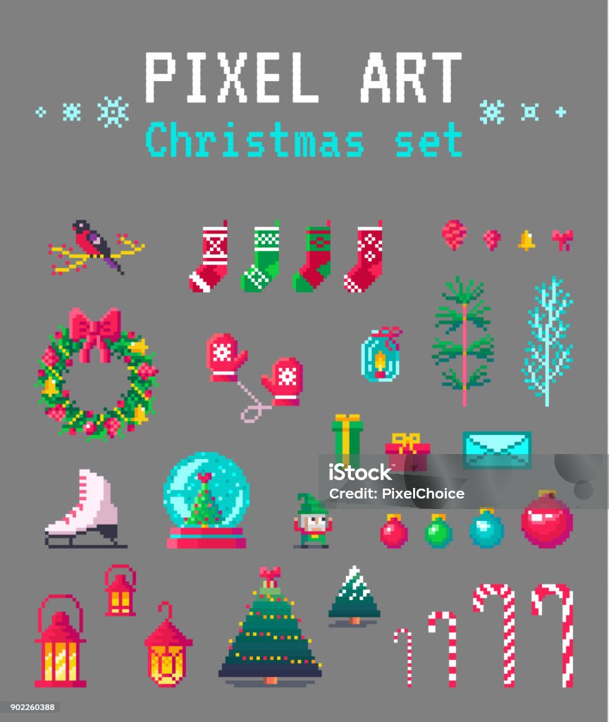 Cute pixel art christmas set for design Cute pixel art christmas set for design. Vector illustration. Pixelated stock vector