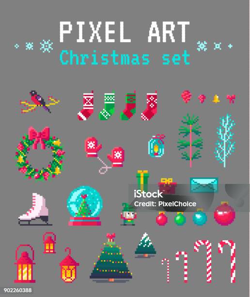 Cute Pixel Art Christmas Set For Design Stock Illustration - Download Image Now - Pixelated, Christmas, Holiday - Event