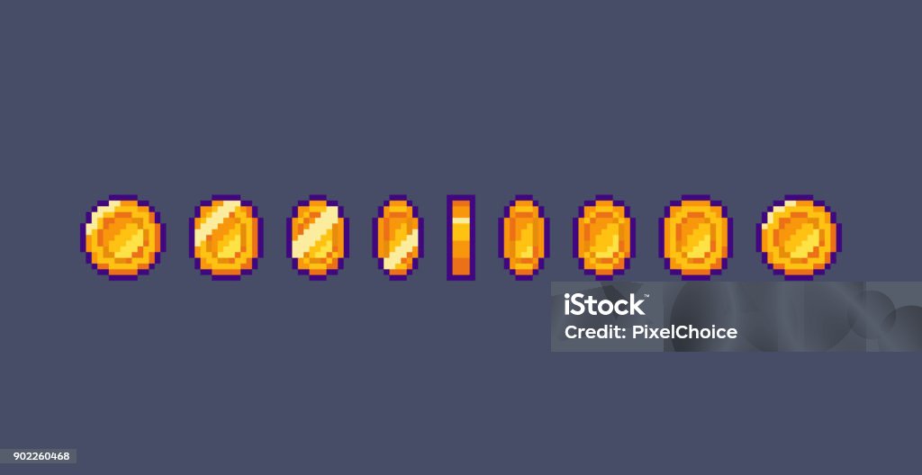 Pixel gold coin animation Pixel art gold coin with a stroke animation. Vector illustration Arcade stock vector