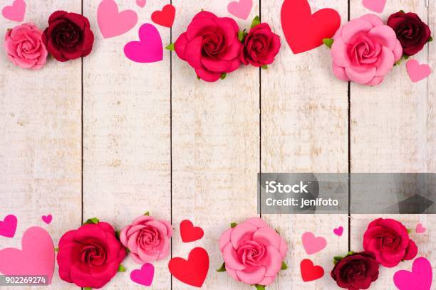 Valentines Day Double Border Of Hearts And Roses Against Rustic White Wood Stock Photo - Download Image Now