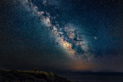 Panoramic Miliky Way over the Aegean sea. Milky Way galaxy from Peninsula Kassandra, Halkidiki, Greece. The night sky is astronomically accurate.