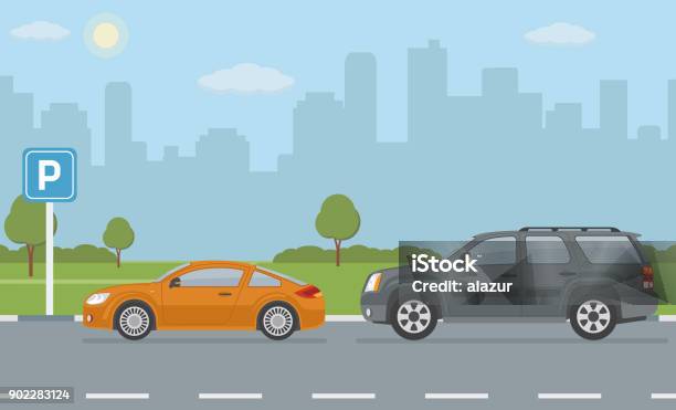 Parking Lot With Two Cars On City Background Stock Illustration - Download Image Now - Street, Car, Road