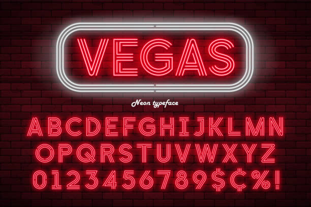 ilustrações de stock, clip art, desenhos animados e ícones de neon light alphabet, realistic extra glowing font - casino worker