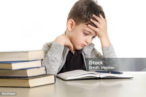 Studio Portrait Of Young Boy Struggling With His Homework Learning Difficulties Concept Stock Photo - Download Image Now