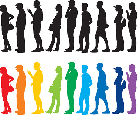 Vector of black and colorful silhouettes of people standing in line.