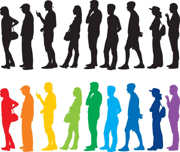 People Standing In Line Silhouettes Vector of black and colorful silhouettes of people standing in line. man standing profile stock illustrations