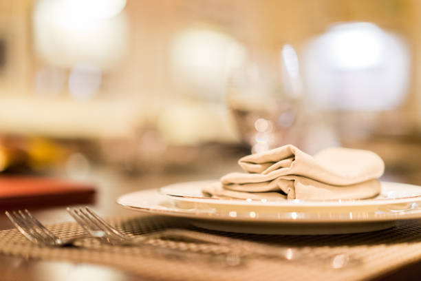 Close up picture of empty glasses in restaurant.blur background .