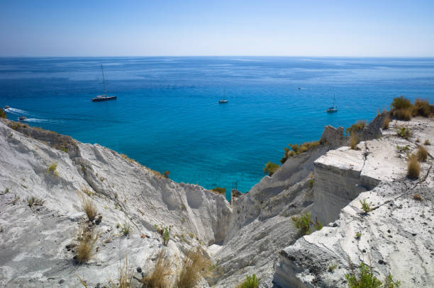 Beautiful view over the blue mediterranean sea in summer from Lipari island, Sicily, Italy stock photo
