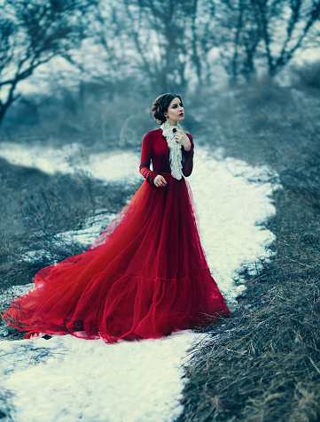 Cute girl in luxurious red dress.  The mysterious princess is walking along the snow trail. Artistic Photography
