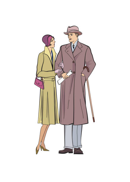 para na zewnątrz. mężczyzna i kobieta w sukience z odzieżą wierzchnią w stylu vintage 1920 roku. - 1920s style image created 1920s 20s women stock illustrations