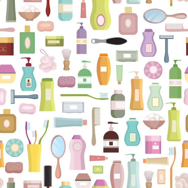 ilustrações de stock, clip art, desenhos animados e ícones de beauty care related set background. hygiene symbol seamless pattern. - shampoo merchandise packaging razor