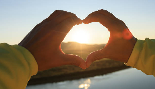 istock Human hands making Heart shaped sign over sunset sky 902341470