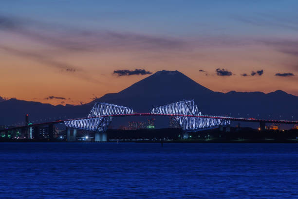 View of Tokyo Gate Bridge and Mt. Fuji at Dusk from Maihama, Chiba-pref.