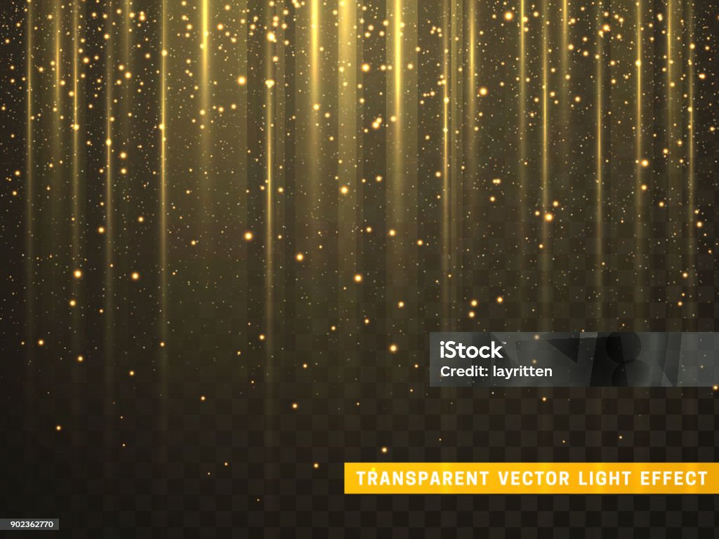 Gold glitter particles on transparent background. Golden glowing lights magic effects. Gold glitter particles on transparent background. Golden glowing lights magic effects. Glow sparkles, vector illustration. Gold - Metal stock vector