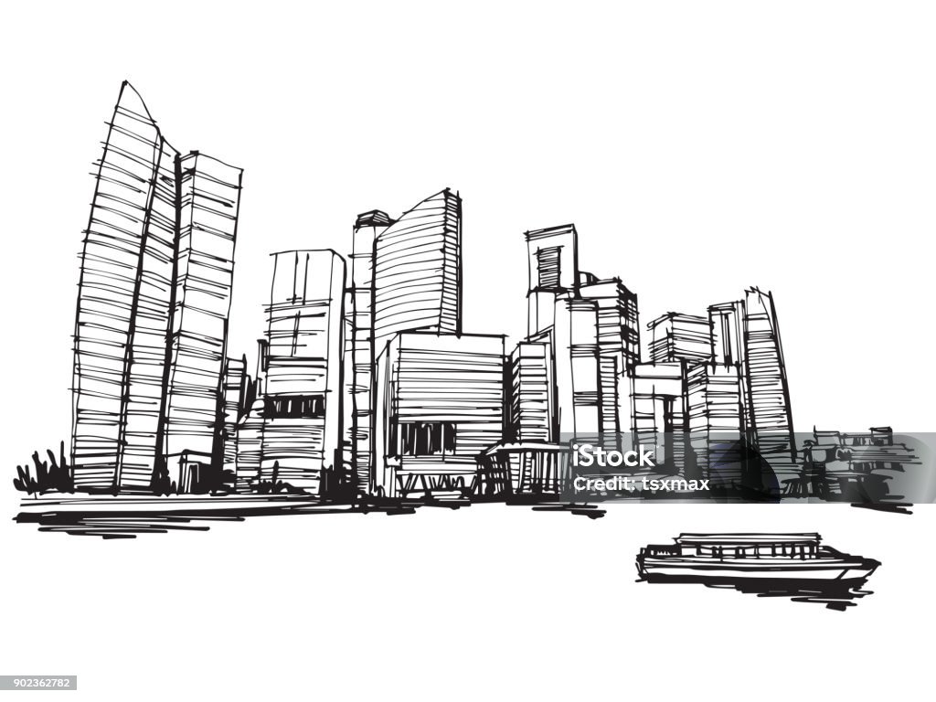 Mano dibujo dibujo vector panorámica de la ciudad de Singapur - arte vectorial de República de Singapur libre de derechos