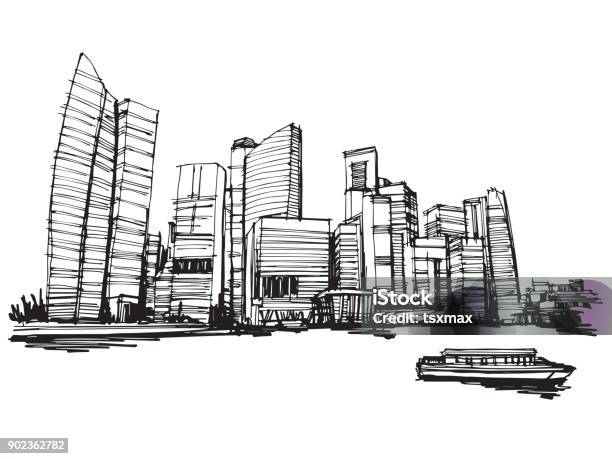 Ilustración de Mano Dibujo Dibujo Vector Panorámica De La Ciudad De Singapur y más Vectores Libres de Derechos de República de Singapur