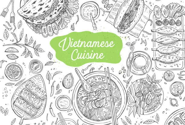 Vector illustration of Hand drawn top view traditional Vietnamese food, Vector Illustration