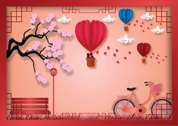 бумажный художественный стиль воздушных шаров формы сердца, летящих с велосипедом и цветущей вишни на розовом фоне, векторная иллюстрация, - cherry valentine stock illustrations
