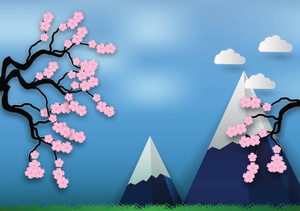 бумажный художественный стиль цветущей вишни на синем фоне. векторная иллюстрация, концепция дня валентина - cherry valentine stock illustrations