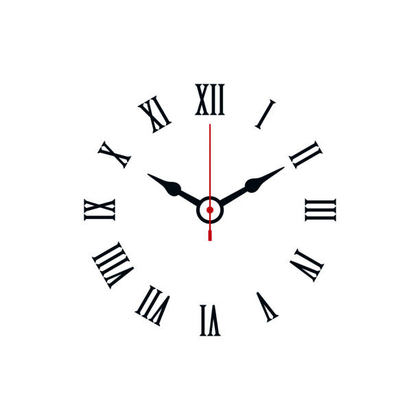 Clock with roman numerals Roman numerals shaped minimal clock icon on white background. hour hand stock illustrations