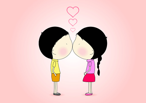 Cute Cartoon Love And Romantic Boy And Girl Are Kissing Vector Illustration  Stock Illustration - Download Image Now - iStock