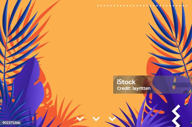 Tropical Leaves Of Palm Retro Background Design Stock Illustration - Download Image Now - Summer, Tropical Climate, Pattern