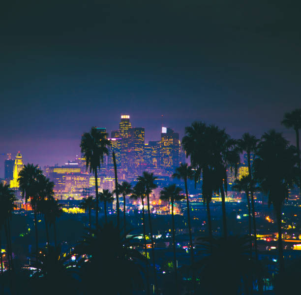 centro di los angeles - city of los angeles city life cityscape night foto e immagini stock