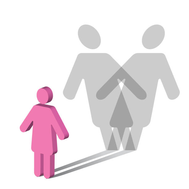 Psychology-Multiple Personality Disorder-Female Multiple Personality Disorder. The symbol of a Woman, casting a shadow of two people. dissociative identity disorder stock illustrations