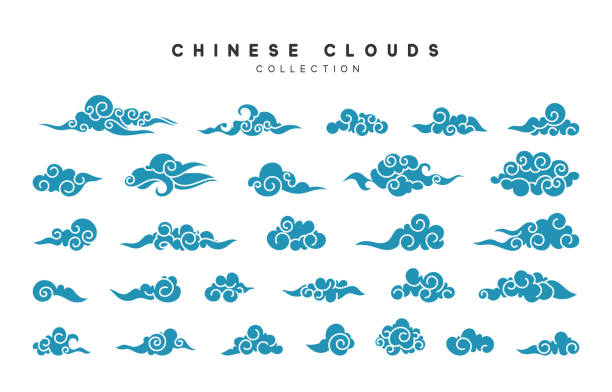 ilustraciones, imágenes clip art, dibujos animados e iconos de stock de colección de nubes azul estilo chino - chinese culture