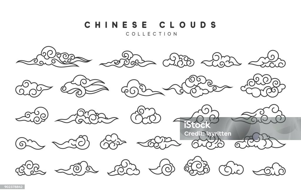 Collection de nuages gris, isolé dans un style chinois - clipart vectoriel de Nuage libre de droits