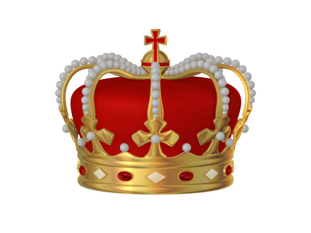 istock Golden crown decorated with red and white gems - 3D Illustration 902381646