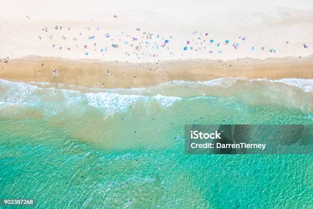An Aerial View Of The Beach In Summer Stock Photo - Download Image Now - Beach, Aerial View, People