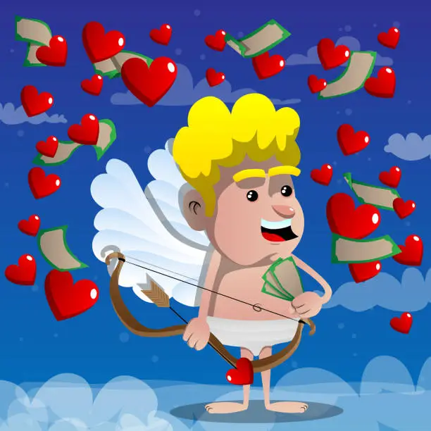 Vector illustration of Cupid with cash and bow and arrow in hand.