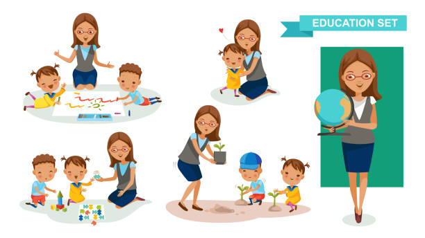 ilustraciones, imágenes clip art, dibujos animados e iconos de stock de maestra de kindergarten - preschool teacher