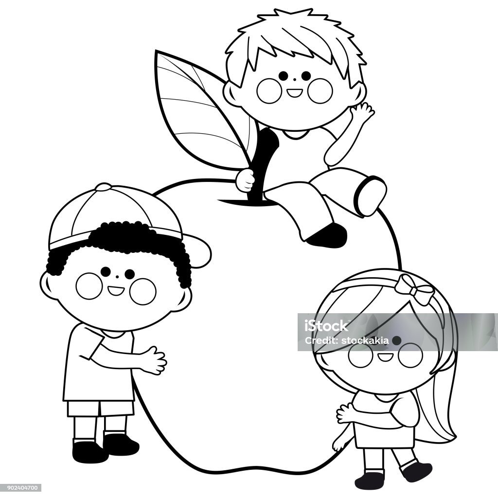 Children and apple. Black and white coloring book page Child stock vector