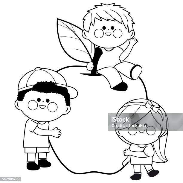 Children And Apple Black And White Coloring Book Page Stock Illustration - Download Image Now