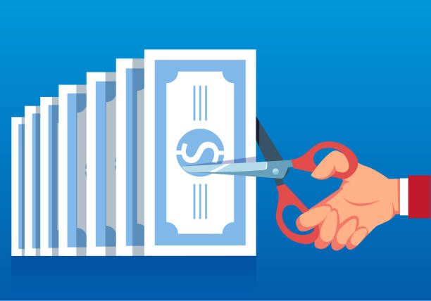 ilustrações, clipart, desenhos animados e ícones de conceito de negócios reduz custos - cutting currency scissors home finances